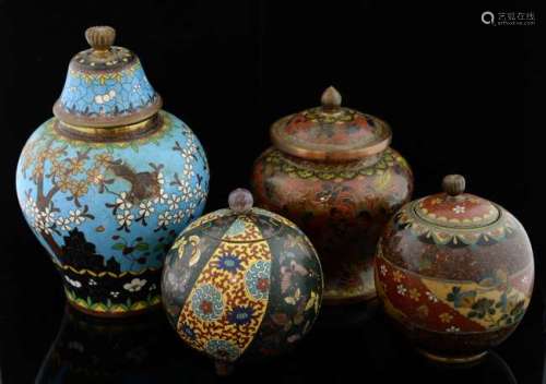 Chinese cloisonne spherical jar and cover decorated with alternating panels of butterflies and flowers and foliage, on three bun feet, 10.5cm high, and three other jars and covers, (4),