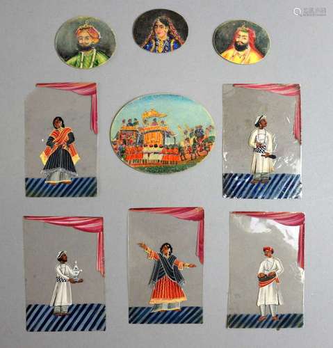 Four 19th century Indian miniature paintings two depicting Mahrajas, one depicting a Maharani, the other of a procession, largest 6cm x 7.5cm, and four paintings on mica, (8),