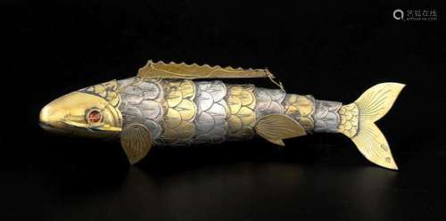 Chinese silver gilt and silver articulated fish with red glass eyes, stamped marks to tail, 19cm long, 3.5oz, 108g,