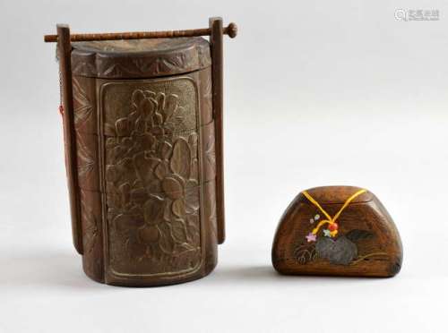 20th century Japanese bamboo food box of three sections carved with lilies, 23.5cm high, and a wooden tobacco box with overlaid floral decoration, 8cm high,