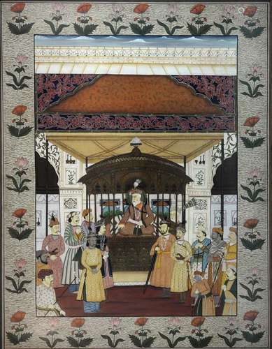 Indian painting depicting a Maharaja seated on a cushioned dais surrounded by male attendants, with a floral border, 112cm x 86cm,