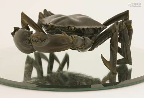 A Japanese wood model of a crab, Meiji (1868-1912), naturalistically carved and fully articulated, ...