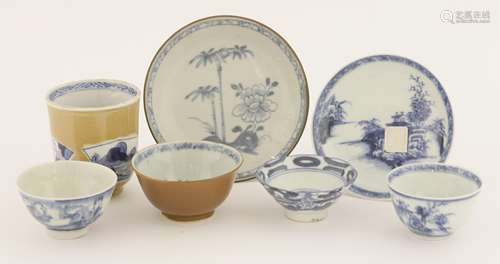 Two sets of Nanking Cargo blue and white tea cups and saucers, c.1750, one cup painted with a ...