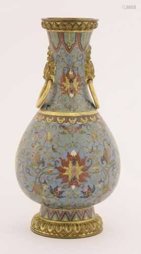 A Chinese cloisonné vase,  the body in the shape of a pear, enamelled with scrolling lotus between ...