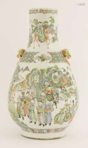 A famille verte vase,  late Qing dynasty, painted with figures and warriors from 'Romance of the ...