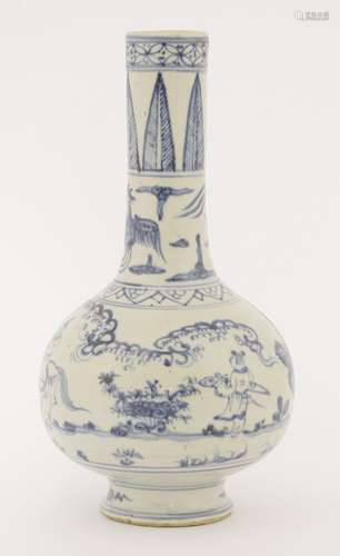 A blue and white vase, in Ming style, the globular body with straight long neck, painted with a ...