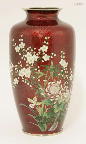 A Japanese cloisonne vase, 20th century, enamelled with chrysanthemum, orchid and prunus against a ...