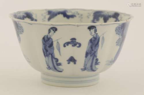 A Chinese blue and white bowl, Kangxi (1662-1722), of circular lobed form with slightly flared ...