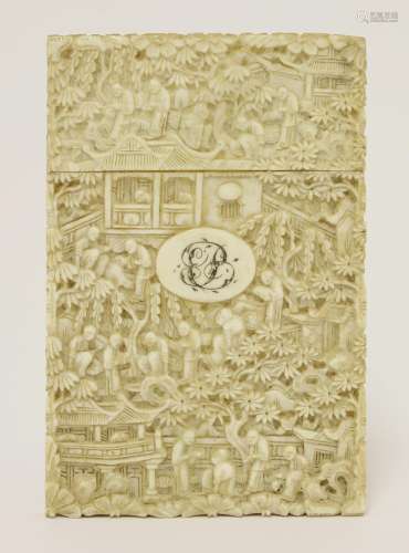A Chinese Canton ivory card case, mid-19th century, with numerous figures, trees and pavilions in a ...