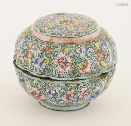 A Chinese Canton enamelled box and cover, 18th/19th century, of lobed circular form, painted with ...