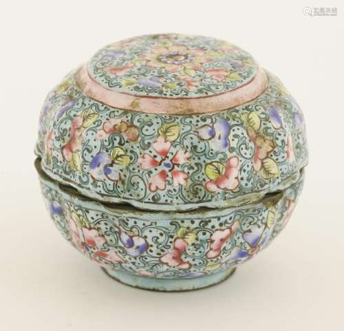 A Chinese Canton enamelled box and cover, 18th/19th century, of lobed circular form, painted with ...