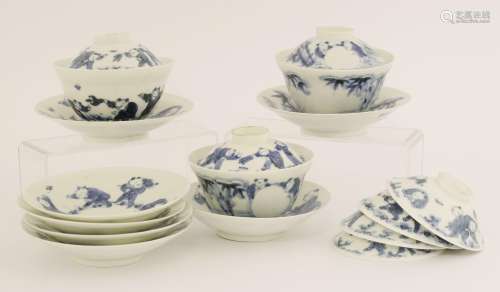 Three Japanese Hirado ware blue and white tea bowls, covers and stands, Meiji period (1868-1912), ...
