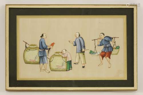 A set of ten Chinese pith paper paintings, c.1900, of street vendors selling different goods and ...