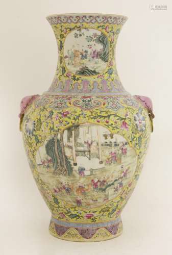 A Chinese famille rose vase, late Qing dynasty, painted with boys celebrating New Year in shaped ...