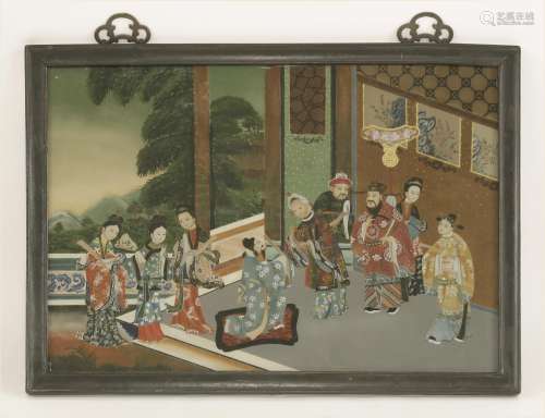 A Chinese reverse glass painting, 19th century, with a scholar being presented to an old lady, with ...