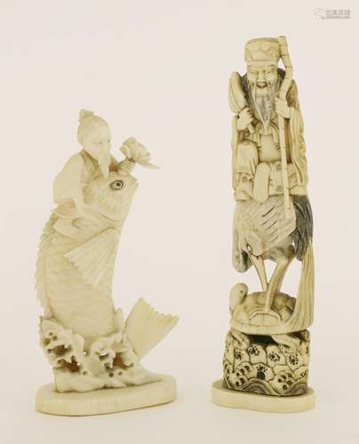 Two Japanese ivory okimono, Meiji period (1868-1912), one with a scholar, maybe Jurojin, seated on ...