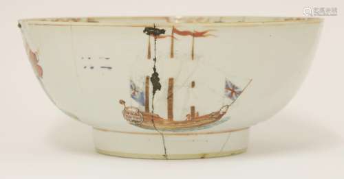 A Chinese export famille rose punch bowl, Qianlong (1736-1795), painted with an English ship and ...