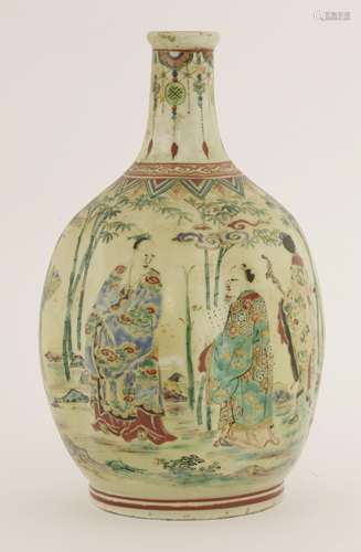 A Japanese Kutani vase, of melon form with a short neck, painted with Seven Sages of the Bamboo ...