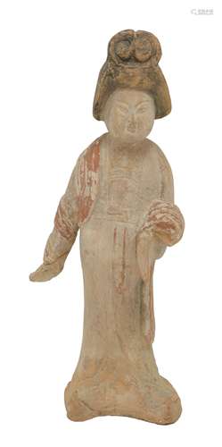 A Chinese terracotta figure of a court lady, 20th century, in the Tang style, the standing ...