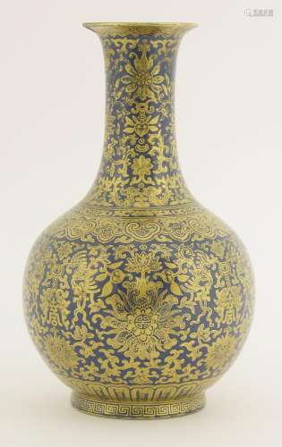 A gilt-decorated powder blue bottle vase, Jiaqing (1796-1820), decorated with an overall design of ...