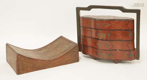 A Chinese lacquered food container and cover, 19th century, of quatrefoil form and three tiers, the ...