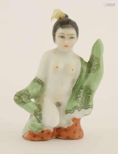 A Chinese porcelain snuff bottle, Guangxu or later, in the shape of a female, four character ...