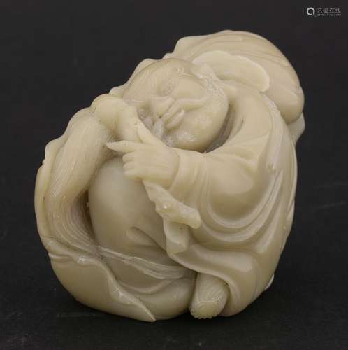 A Chinese soapstone carving,  Republic period (1912-1949), representing the cloth-bag, Luohan, ...