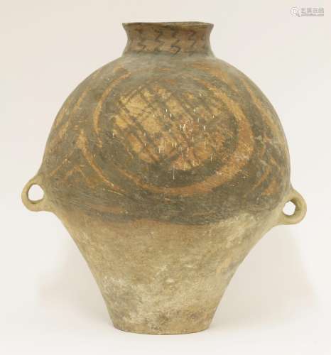 A Chinese Neolithic pot,  2nd century BC, the pear body with two low loop handles and painted with ...