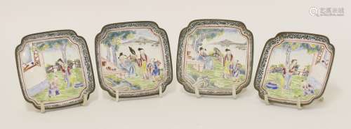 Two pairs of Chinese Canton enamelled trays, 18th/19th century, of shaped square form with indented ...
