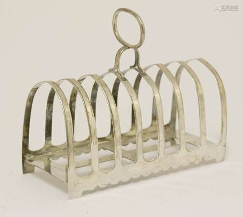 A Chinese silver toast rack, late 19th century, with wave border and ring handle, stamped 'TAI ...