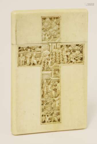 A Chinese Canton ivory card case,  mid-19th century, with numerous figures, trees and pavilions in ...