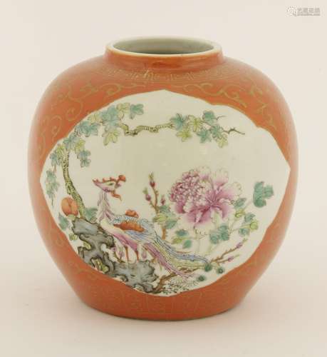 A Chinese famille rose ginger jar, Republic period (1912-1949), painted with phoenix and peony ...