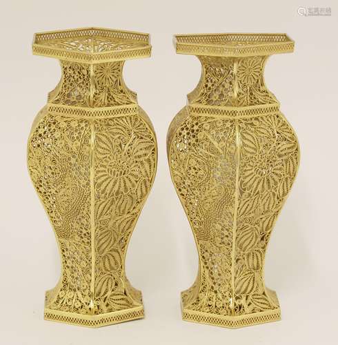 A pair of Chinese silver gilt vases, each of hexagonal baluster form, filigree worked with ...