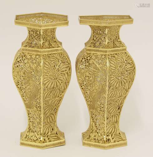 A pair of Chinese silver gilt vases, each of hexagonal baluster form, filigree worked with ...