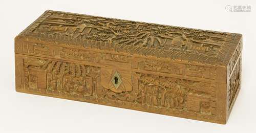 A Chinese Canton wooden hinged box and cover, carved with figures amongst pavilions and trees, ...