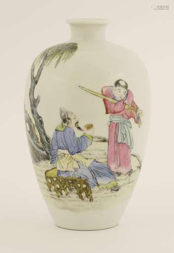 A Chinese famille rose vase, early 20th century, painted with a scholar seated with a wine cup, a ...