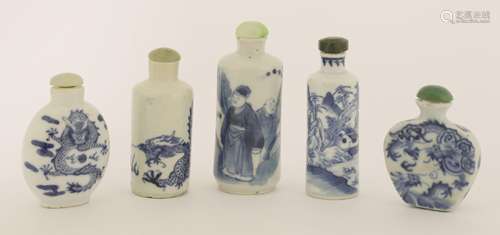 A collection  of five Chinese blue and white snuff bottles, each painted with dragons, figures and ...