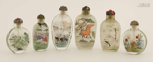 Six interior painted snuff bottles, 20th century, with figures, turtles, horse, shrimp or quail, ...