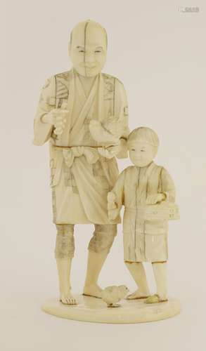 A Japanese ivory okimono, Meiji (1868-1912), of a farmer holding grapes and a quill, a boy standing ...