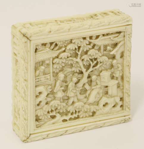 A Chinese Canton ivory tangram qiqiaoban,  mid-19th century, the box of square form, the slide ...