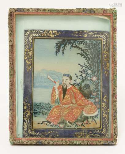 Two Chinese reverse glass paintings, early 18th century, one painted with a scholar in red robes, ...