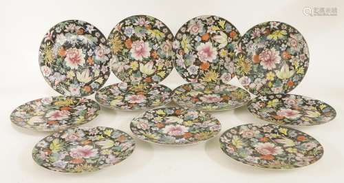 Eleven Chinese famille rose plates, Guangxu (1875-1908), painted with millefleurs including grapes, ...