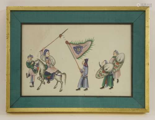 Two Chinese pith paper paintings, 19th century, painted with figures and warriors, 19 x 30cm, ...