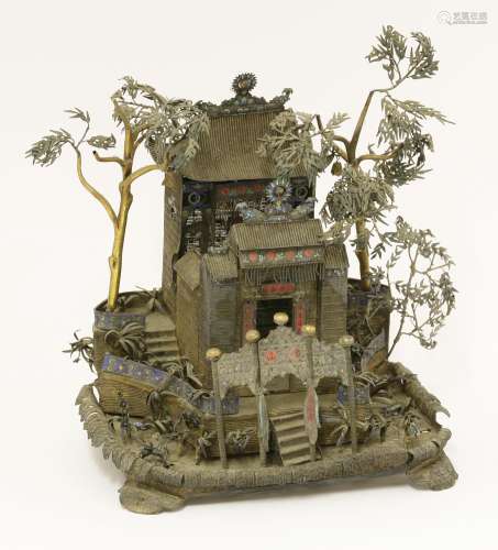 A Chinese silver model of a Buddhist temple, 19th century, the front with a gate with steps leading ...