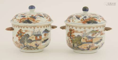 A pair of Chinese export Imari bowls and covers, late 18th century, of European shape, each painted ...