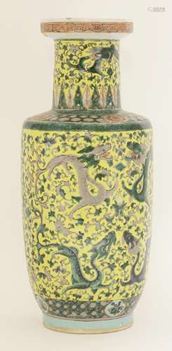 A Chinese famille verte rouleau vase, late Qing dynasty, painted with dragons amongst leafy scrolls ...