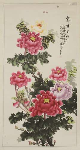 A Chinese hanging scroll, 20th century, painted with blossoming peony with bees flying overhead, ...