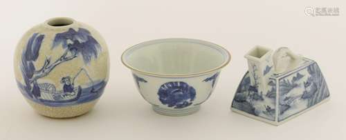 Three Chinese blue and white ceramics, a tea bowl, of circular form with flared mouth, painted with ...