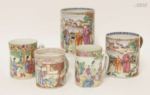 Five Chinese export famille rose mugs, 18th/19th century, comprising: three painted with figures in ...