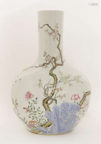 A Chinese famille rose vase, 20th century, the globular body with a tall straight neck, painted ...